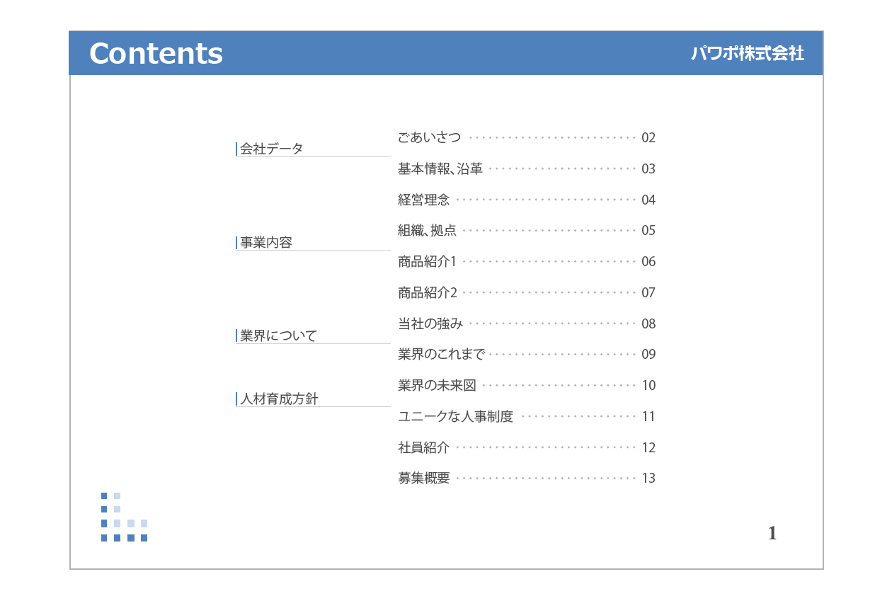 目次のレイアウト